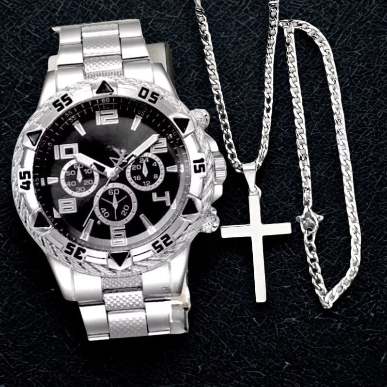 Kit - Relógio + Corrente + Pulseira (Prata e Preto)