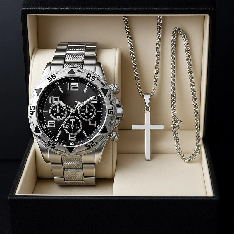 Kit - Relógio + Corrente + Pulseira (Prata e Preto)