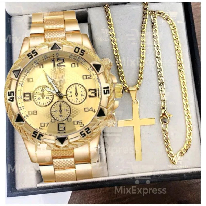 Kit - Relógio + Corrente + Pulseira (Prata e Preto)