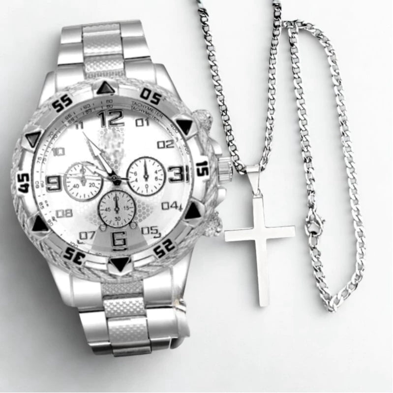 Kit - Relógio + Corrente + Pulseira (Prata e Preto)